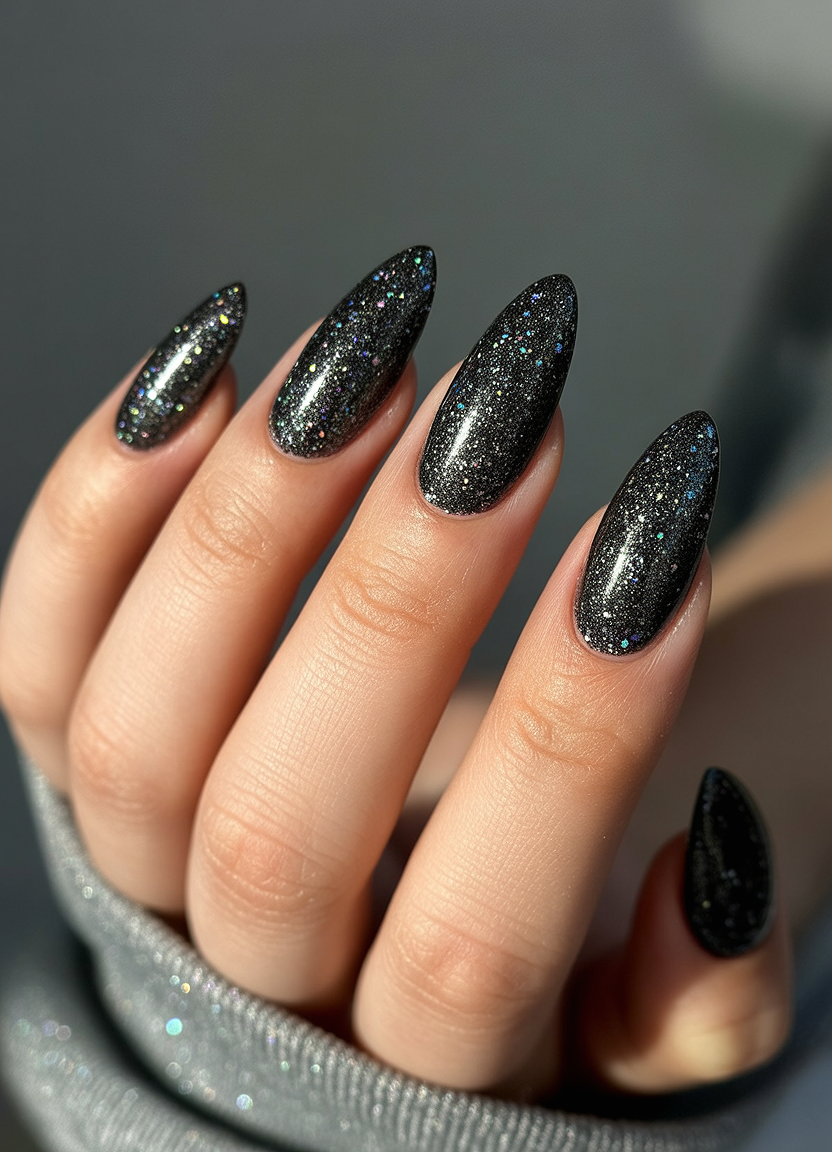 glitter black nails 2026 almond rainbow glitter