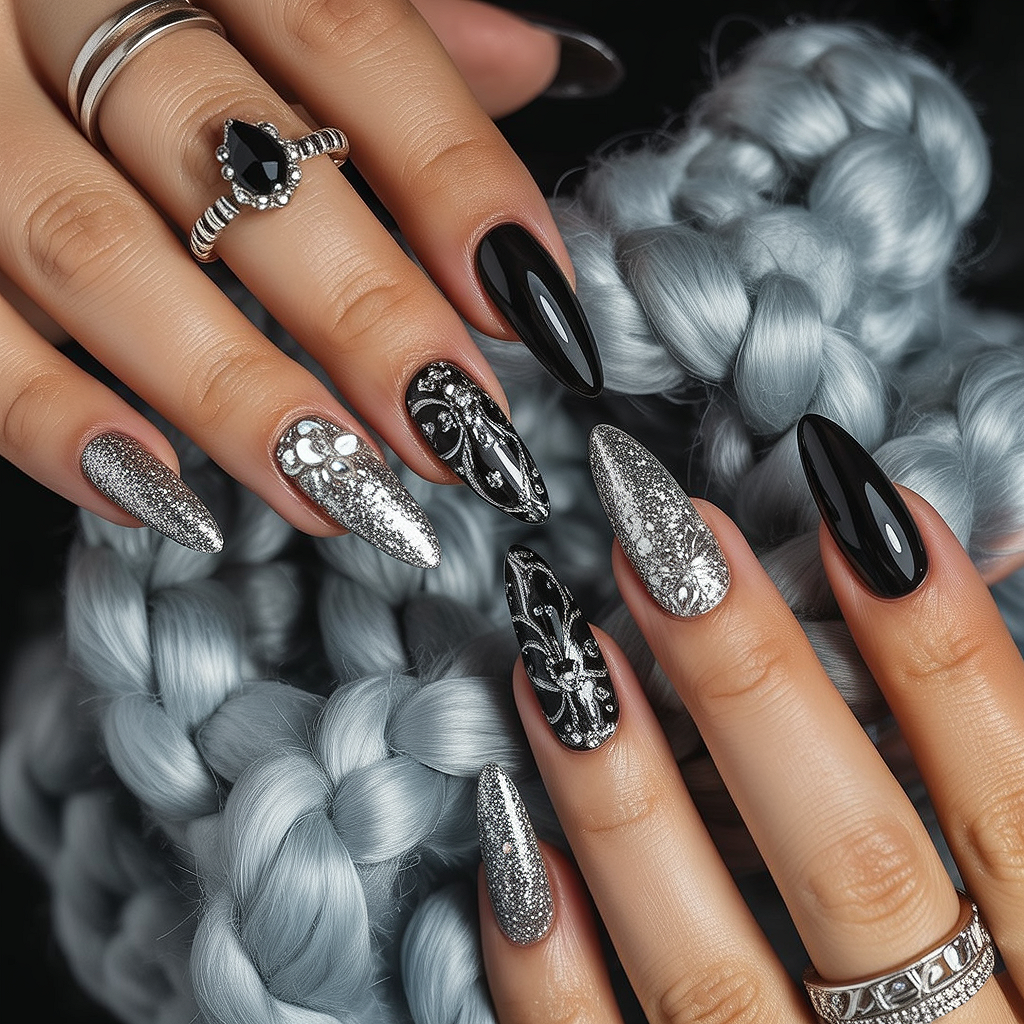 glitter black nails 2026 long silver art design