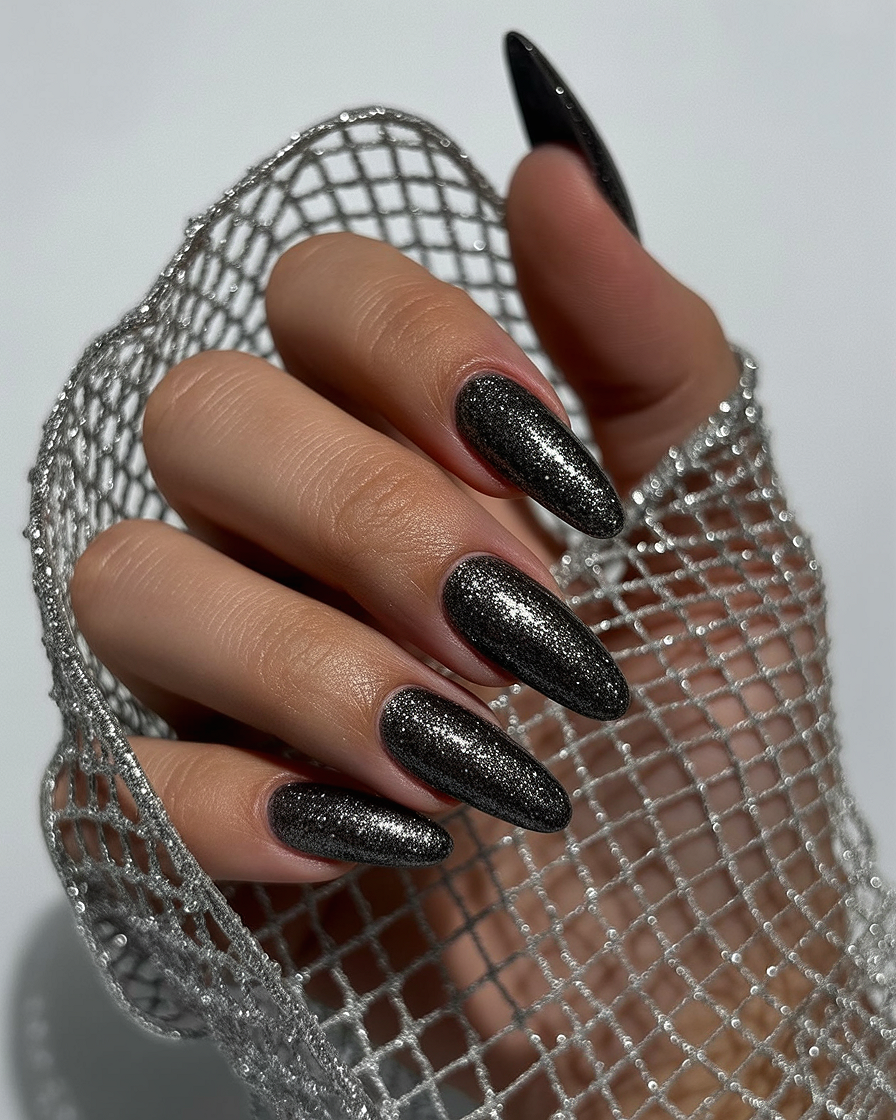 glitter black nails 2026 metallic texture almond