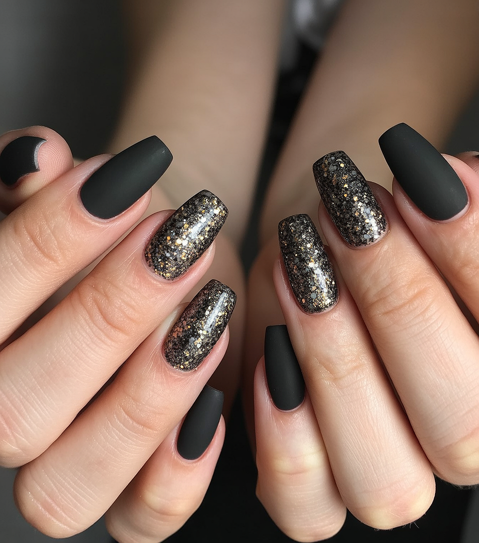 glitter black nails 2026 matte black gold glitter