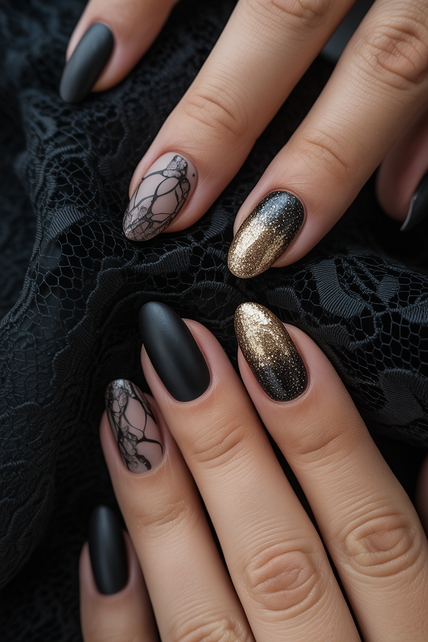 glitter black nails 2026 lace nude black design