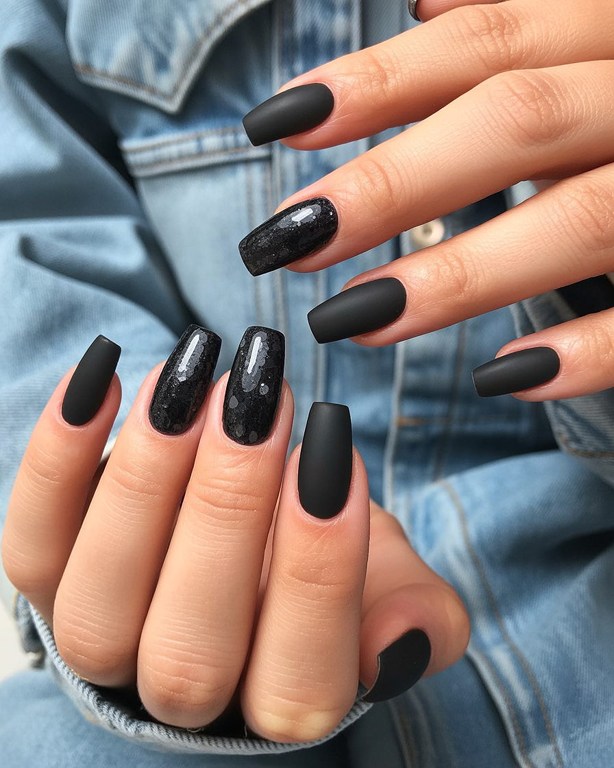 glitter black nails 2026 matte coffin subtle glitter