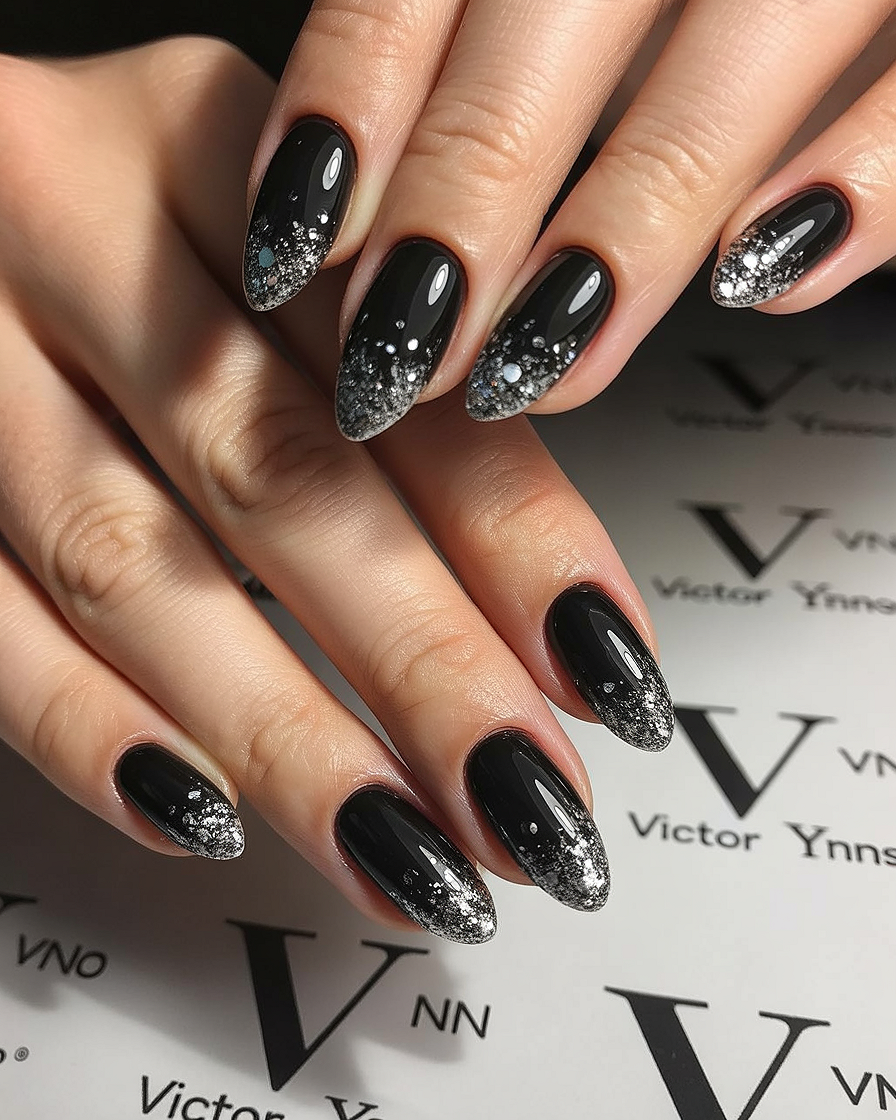 glitter black nails 2026 glossy silver sparkle
