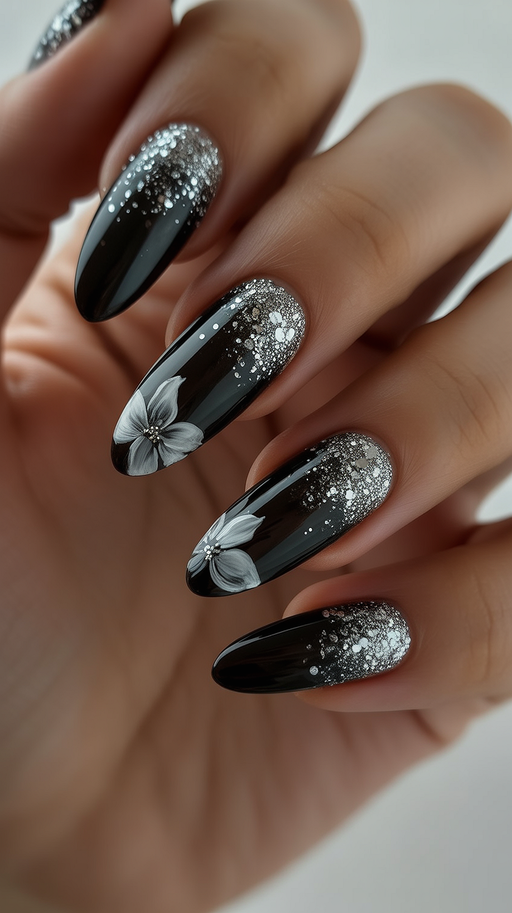 glitter black nails 2026 floral silver design