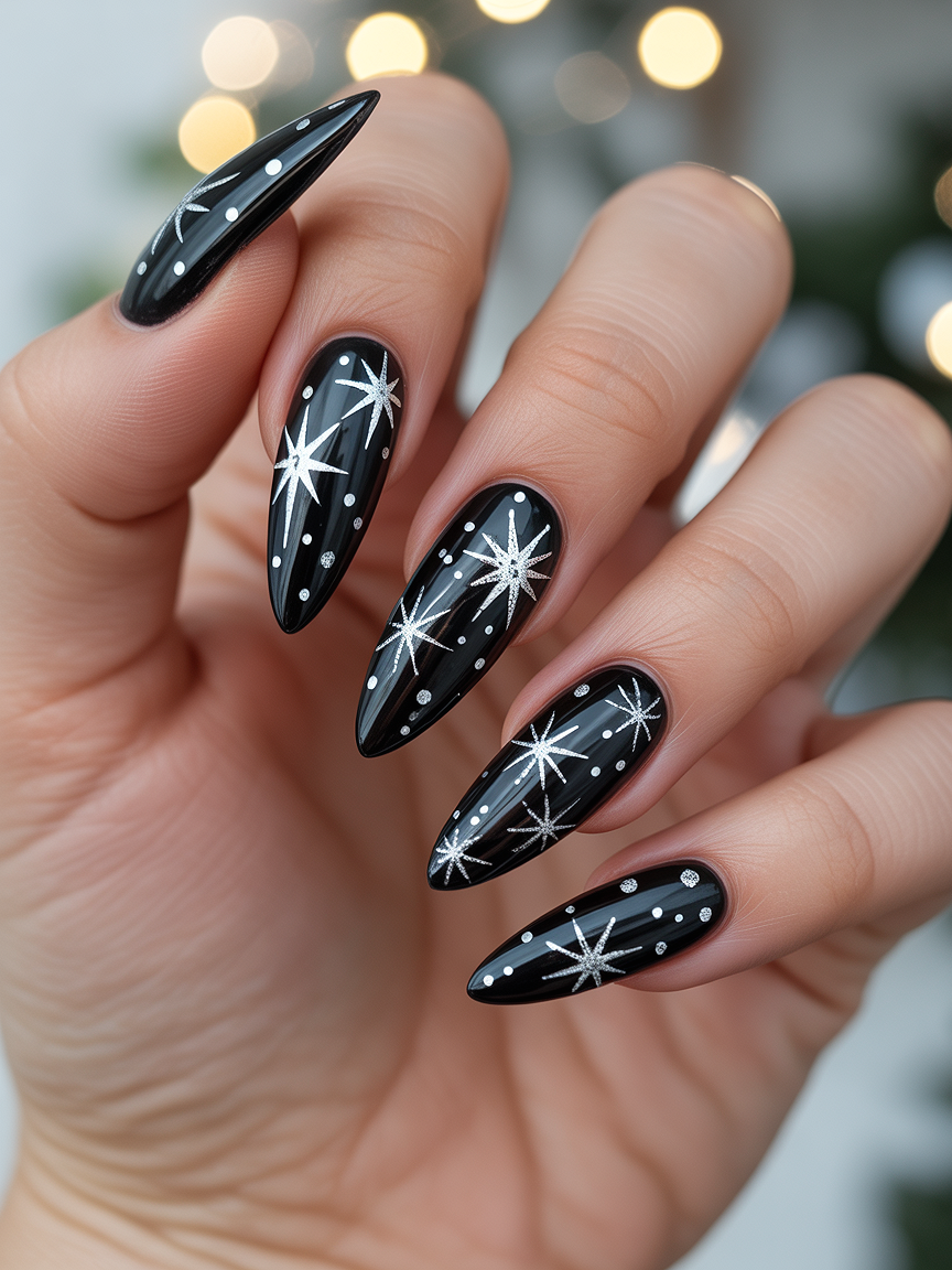 glitter black nails 2026 star silver almond nails