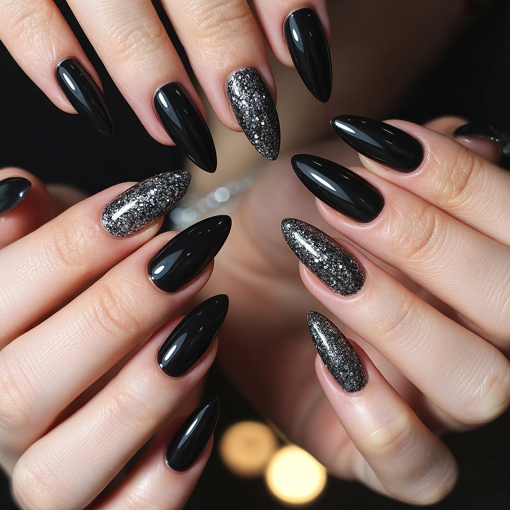 glitter black nails 2026 glossy black with silver texture