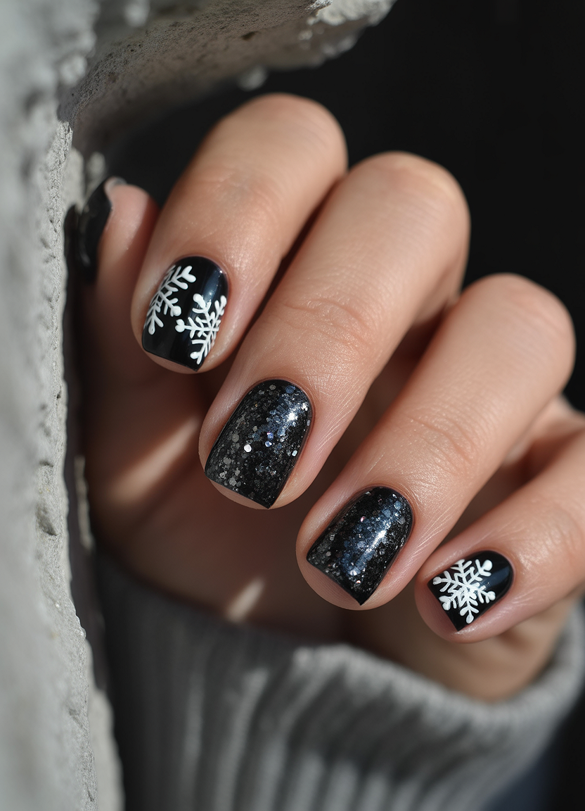 glitter black nails 2026 minimal snowflake design