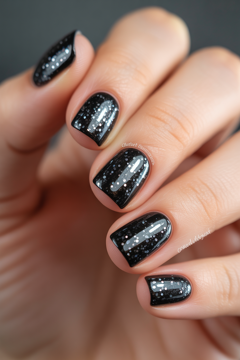glitter black nails 2026 short glossy glitter polish