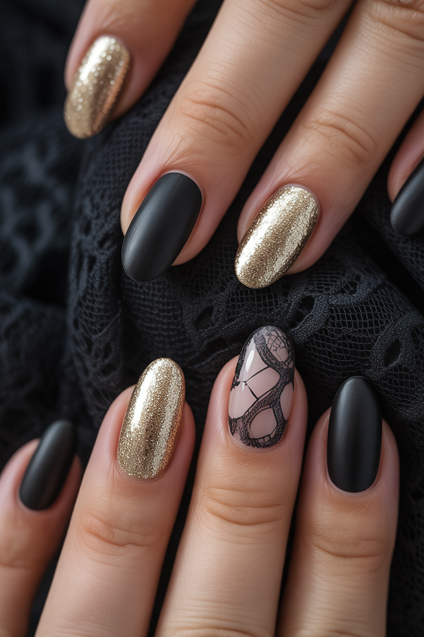glitter black nails 2026 matte black gold almond