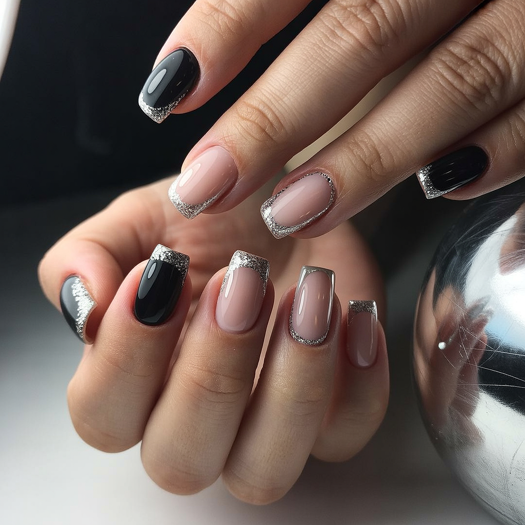glitter black nails 2026 nude black silver french