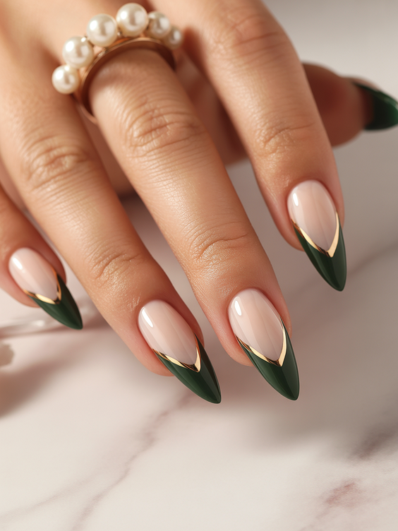 green nail designs 2026 Soft Nude Base with Deep Green French Tips