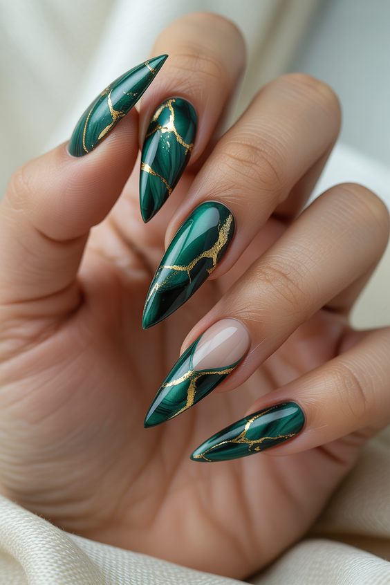 green nail designs 2026 Emerald Marble with Gold Veining