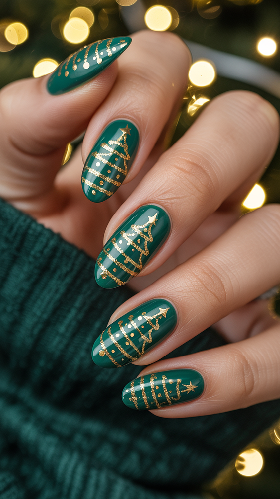 green nail designs 2026 Festive Green with Gold Tree Motifs