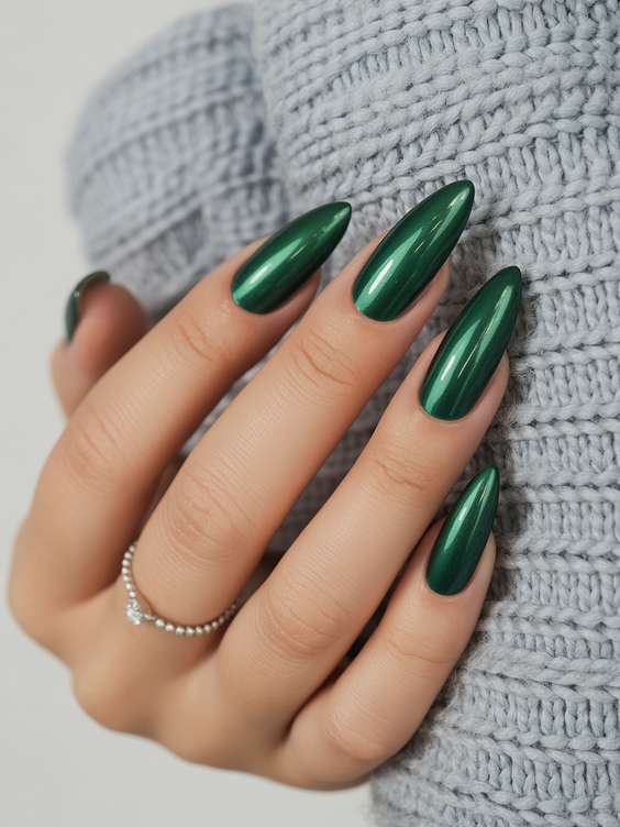 green nail designs 2026 Glossy Deep Green Almond Simplicity
