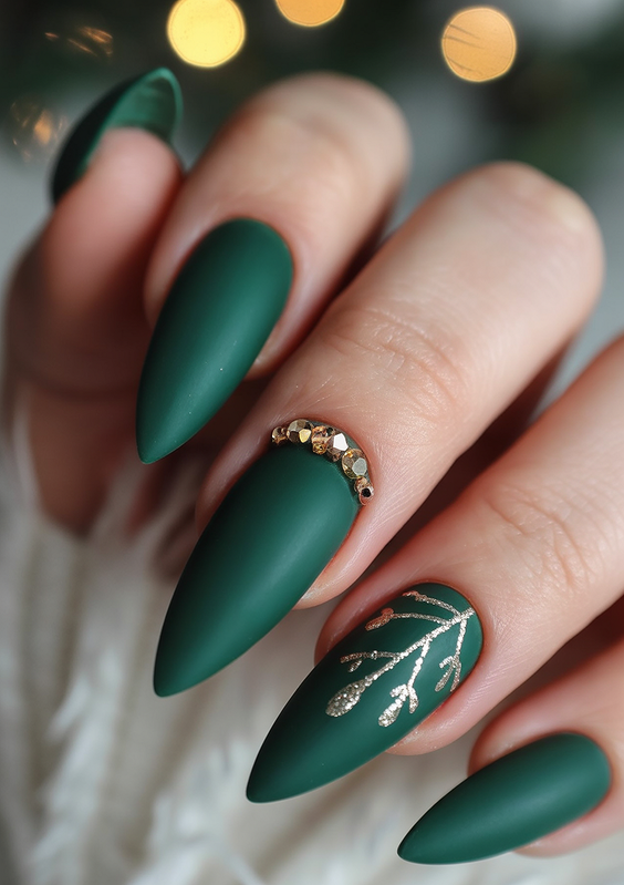 green nail designs 2026 Matte Army Green Almond with Delicate Crystal Accents