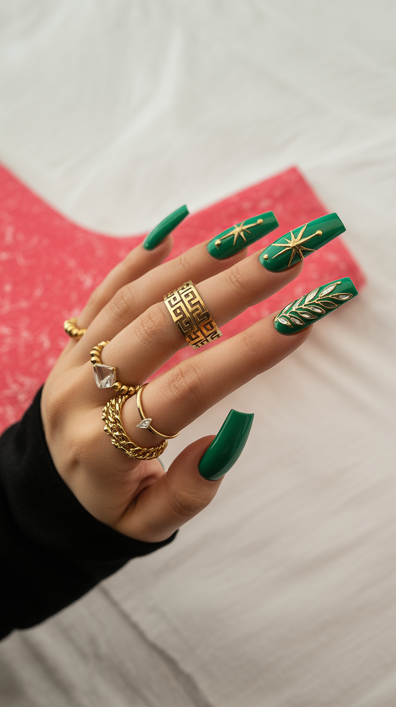 green nail designs 2026 Glossy Green with Gold Star and Leaf Details
