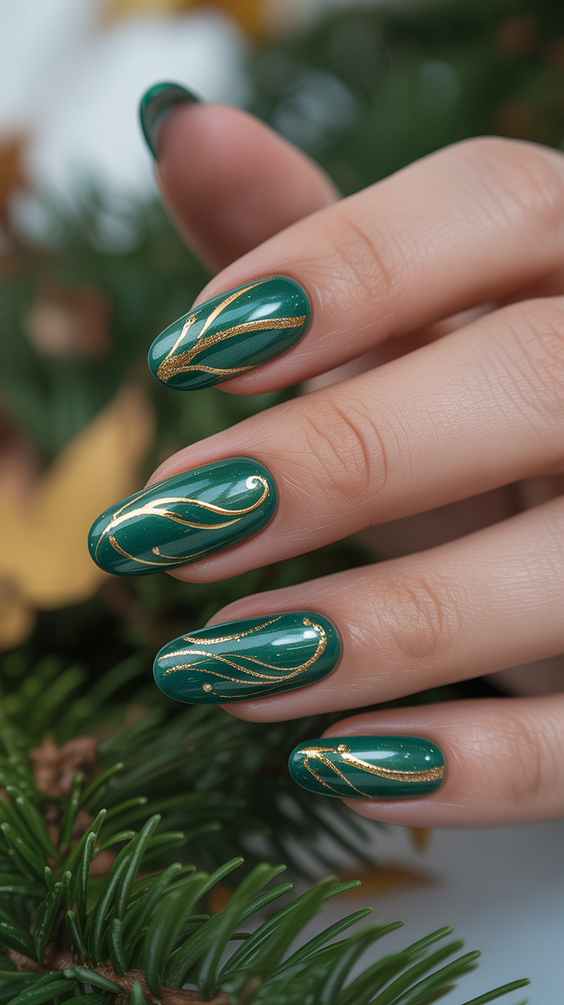 green nail designs 2026 Forest Green with Liquid Gold Lines