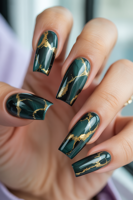 green nail designs 2026 Dark Green Marble with Gold Veins