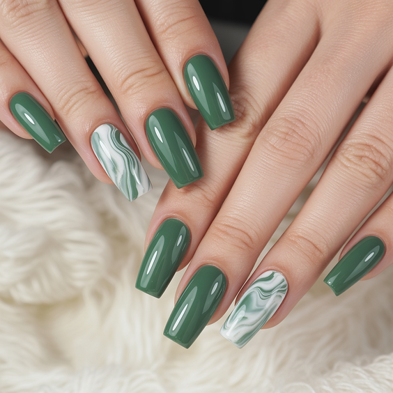 green nail designs 2026 Glossy Olive with Marble Accent