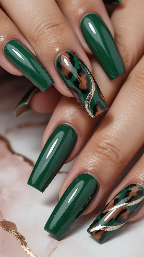 green nail designs 2026 Deep Green Coffin with Graphic Accent