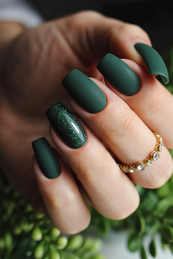 green nail designs 2026 Matte Forest Green with Subtle Sparkle Accent