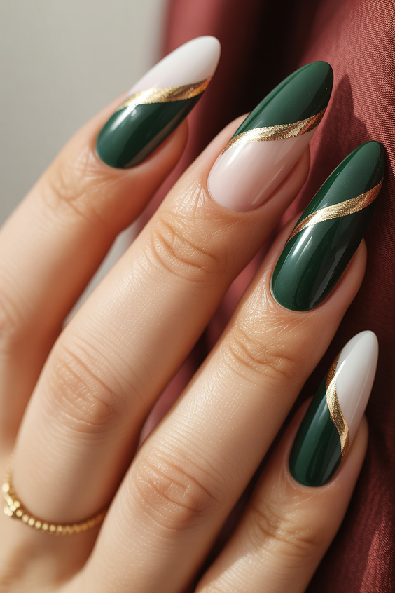 green nail designs 2026 Emerald French Twist with Gold Waves