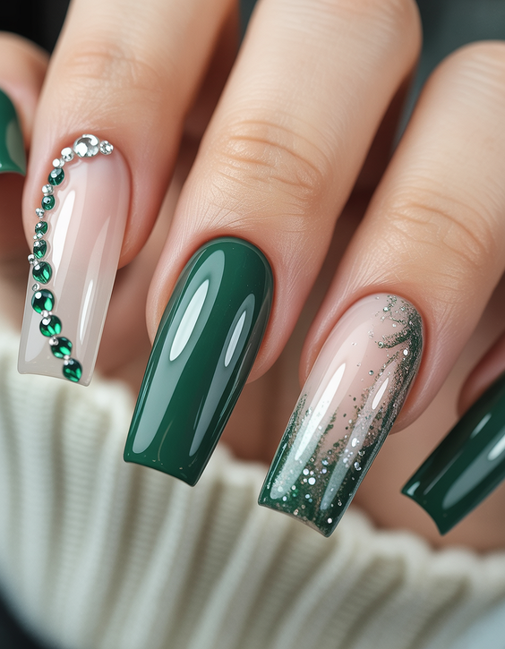 green nail designs 2026 Jewel-Toned Green with Rhinestone Edge