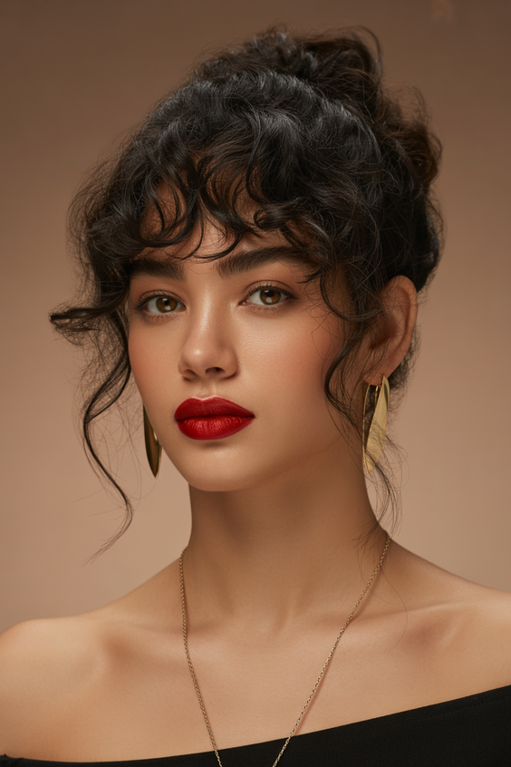 hairstyle ideas for women 2026 Romantic Curly Updo With Wispy Fringe