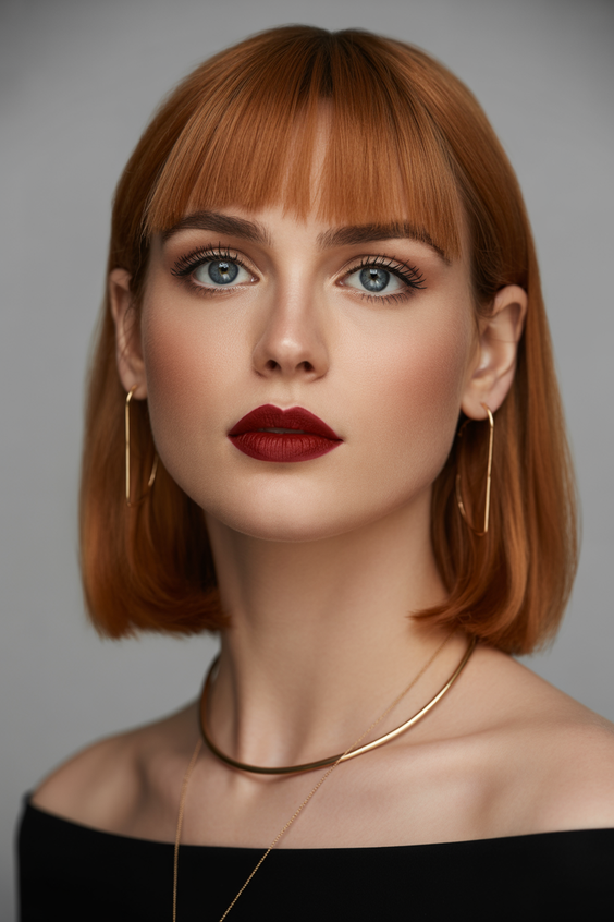 hairstyle ideas for women 2026 Classic Copper Bob With Blunt Fringe