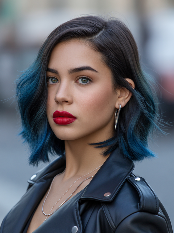 hairstyle ideas for women 2026 Midnight Blue Textured Lob With Shadow Roots