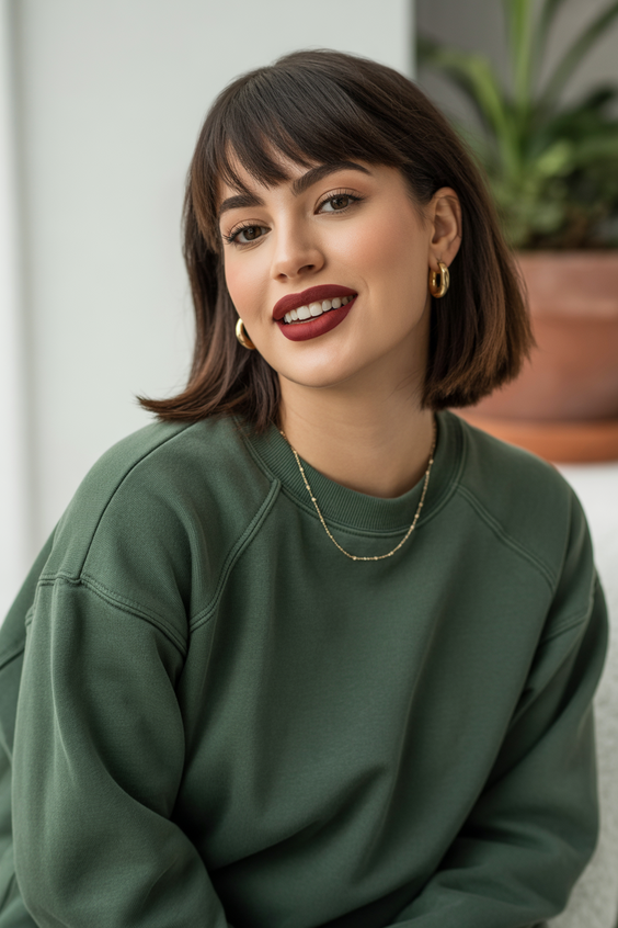 hairstyle ideas for women 2026 Warm Brunette Bob With Soft Curtain Fringe