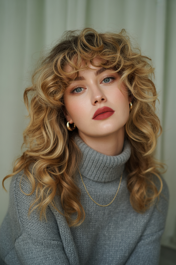 hairstyle ideas for women 2026 Golden Curly Layers With Shaping Fringe