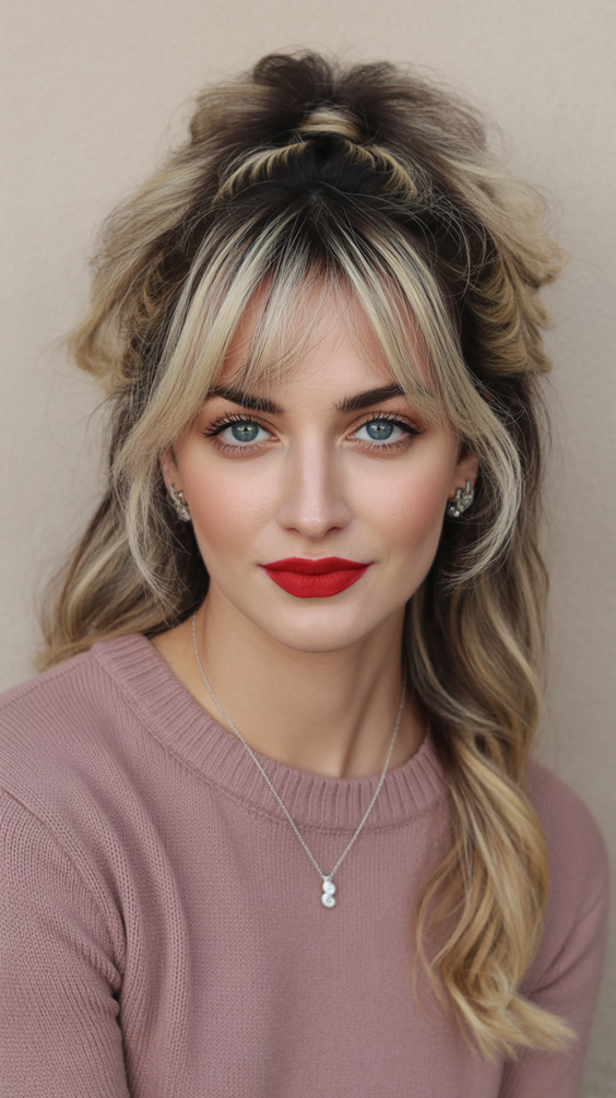 hairstyle ideas for women 2026 Volumized Half Up Style With Soft Face Framing Fringe