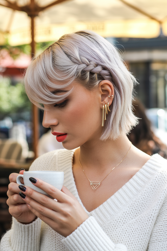 hairstyle ideas for women 2026 Braided Fringe Bob in Frosted Blonde