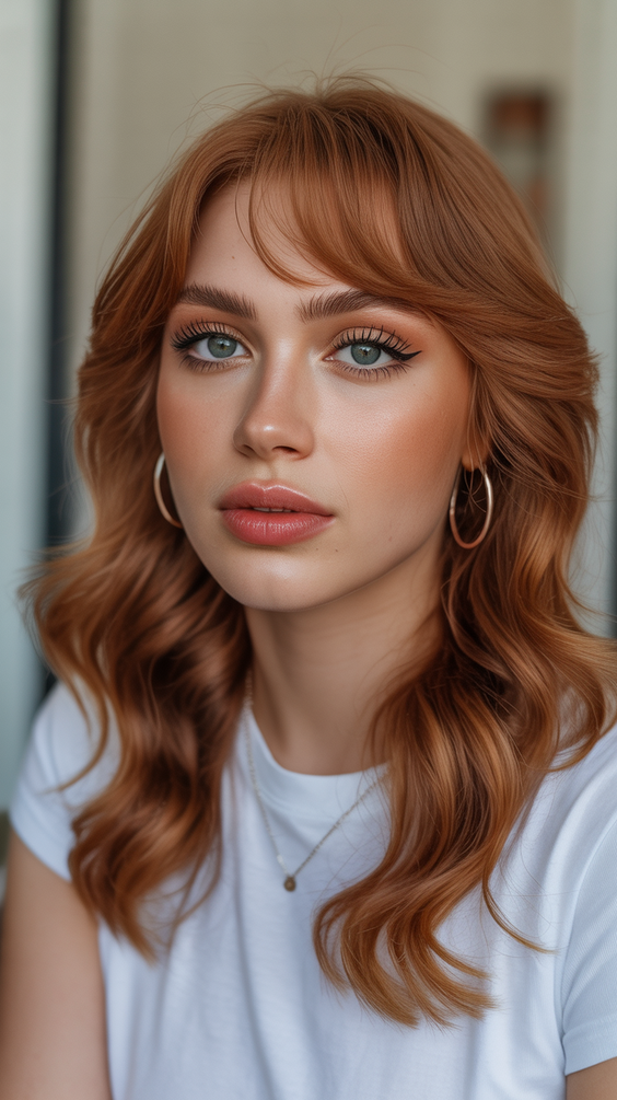 hairstyle ideas for women 2026 Copper Waves With Soft Shaping Fringe