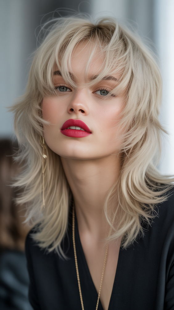 hairstyle ideas for women 2026 Feathered Blonde Shag With Airy Bangs