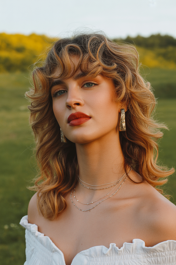 hairstyle ideas for women 2026 Sunlit Curly Mullet With Golden Highlights