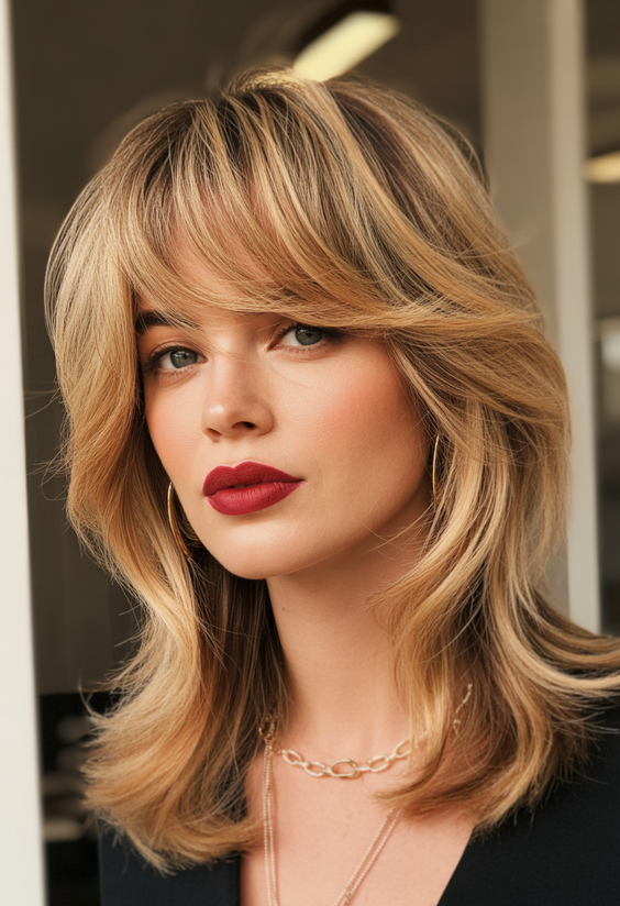 honey blonde hair color 2026 Feathered Honey Blonde Layers With Soft Fringe