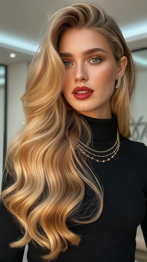 honey blonde hair color 2026 Golden Honey Luxe Waves With High Shine