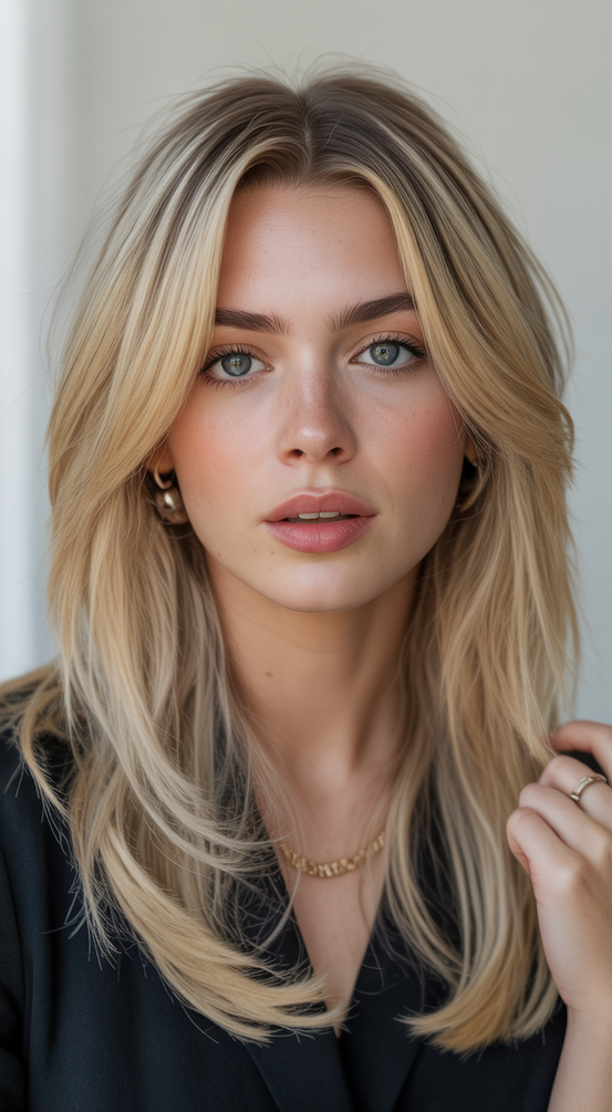 mid length haircuts Blonde mid length with airy layers and face framing