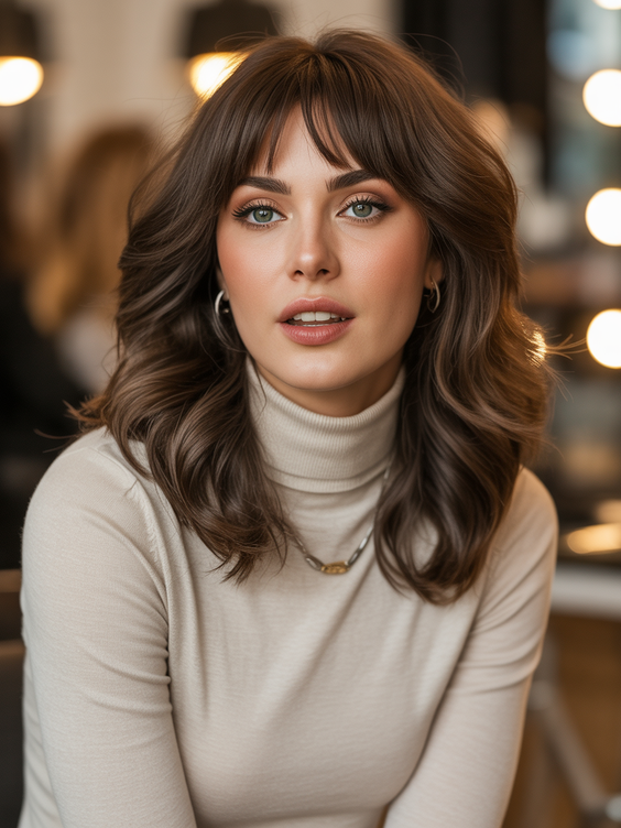 mid length haircuts Mid length with bangs and soft salon volume