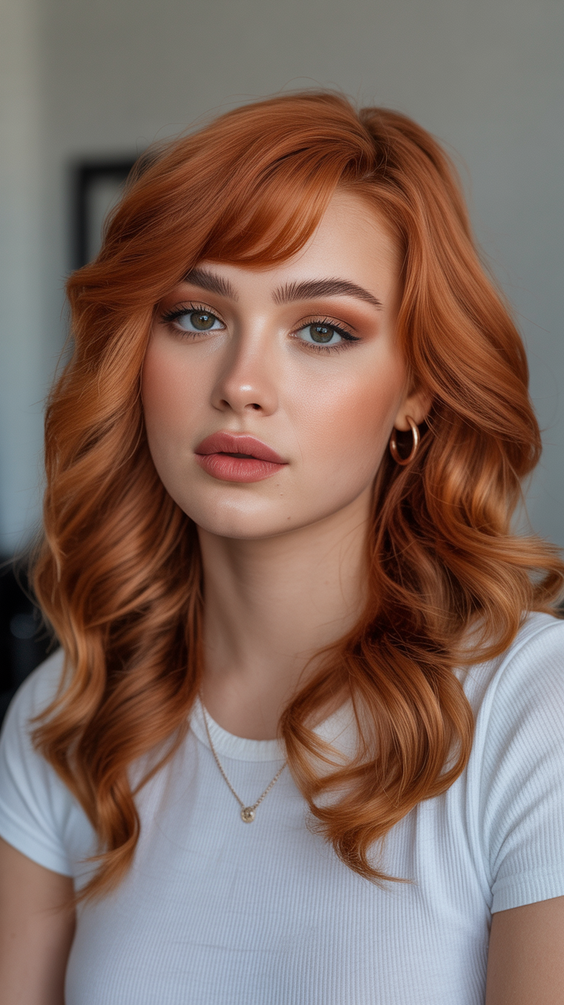 mid length haircuts Soft copper mid length with flowing waves