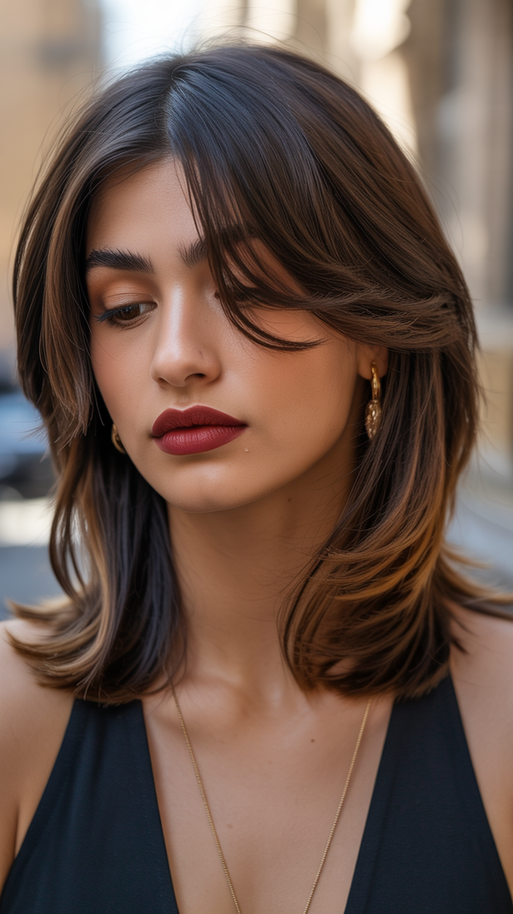 mid length haircuts Mid length with curtain bangs and airy movement