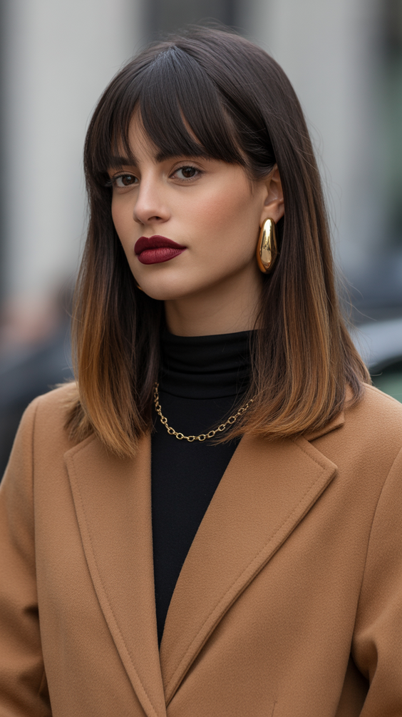 mid length haircuts Mid length haircut with full bangs and clean lines