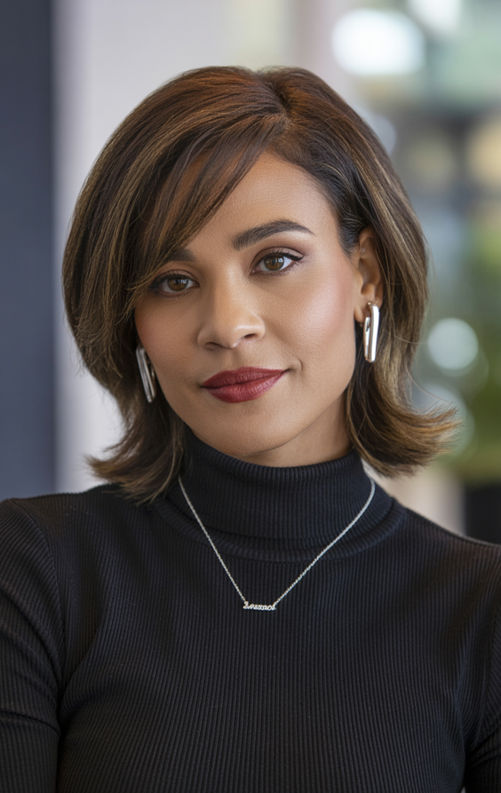 mid length haircuts Layered mid length with side swept shape