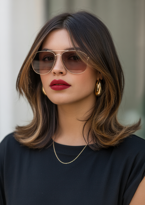 mid length haircuts Mid length haircut with soft waves and sunglasses energy