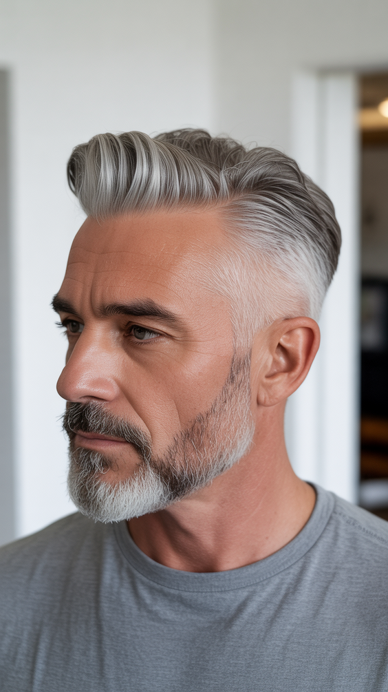haircut Sculpted silver quiff with tapered sides
