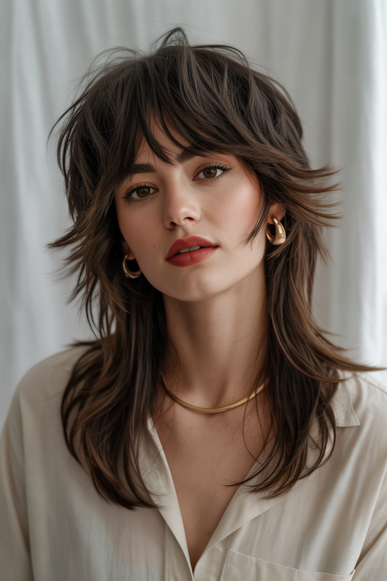 Modern wolf haircuts 2026 Soft Chestnut Wolf Shag With Natural Flow