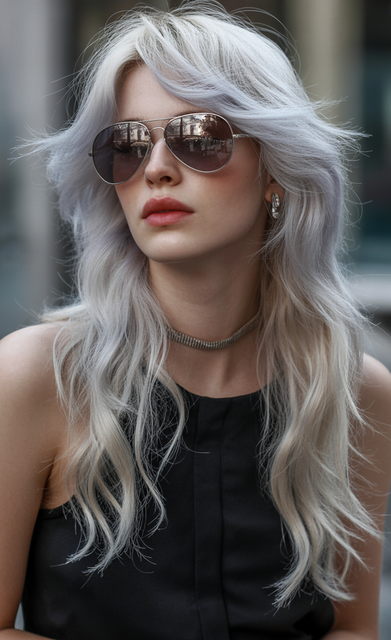 Modern wolf haircuts 2026 Icy Silver Wolf Layers With Windswept Elegance