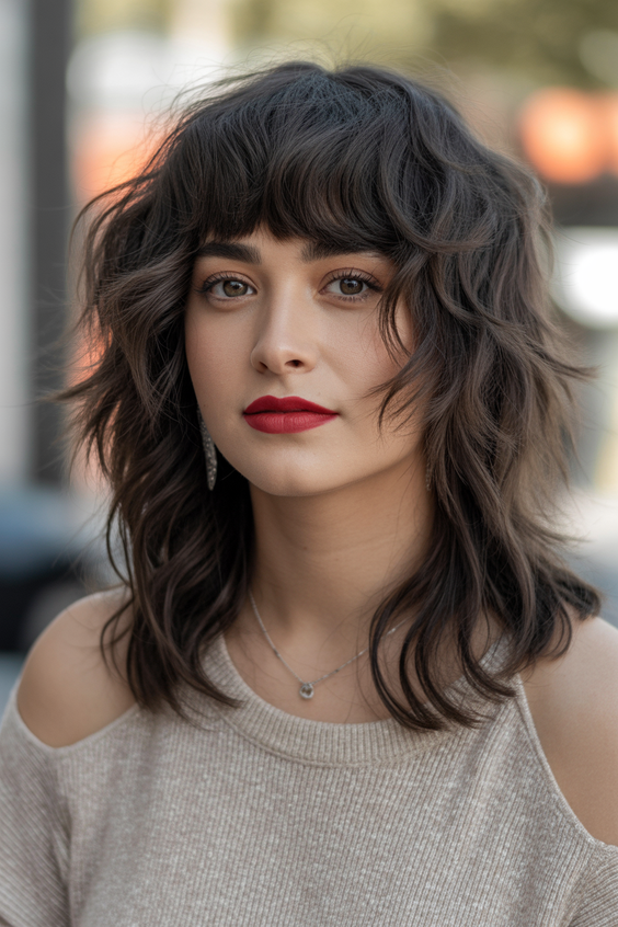 Modern wolf haircuts 2026 Soft Wavy Wolf Cut With Full Fringe